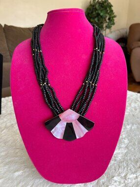 VTG 80's Beaded Necklace Pink & Black Abalone Shell Fan Pendant Statement Piece
